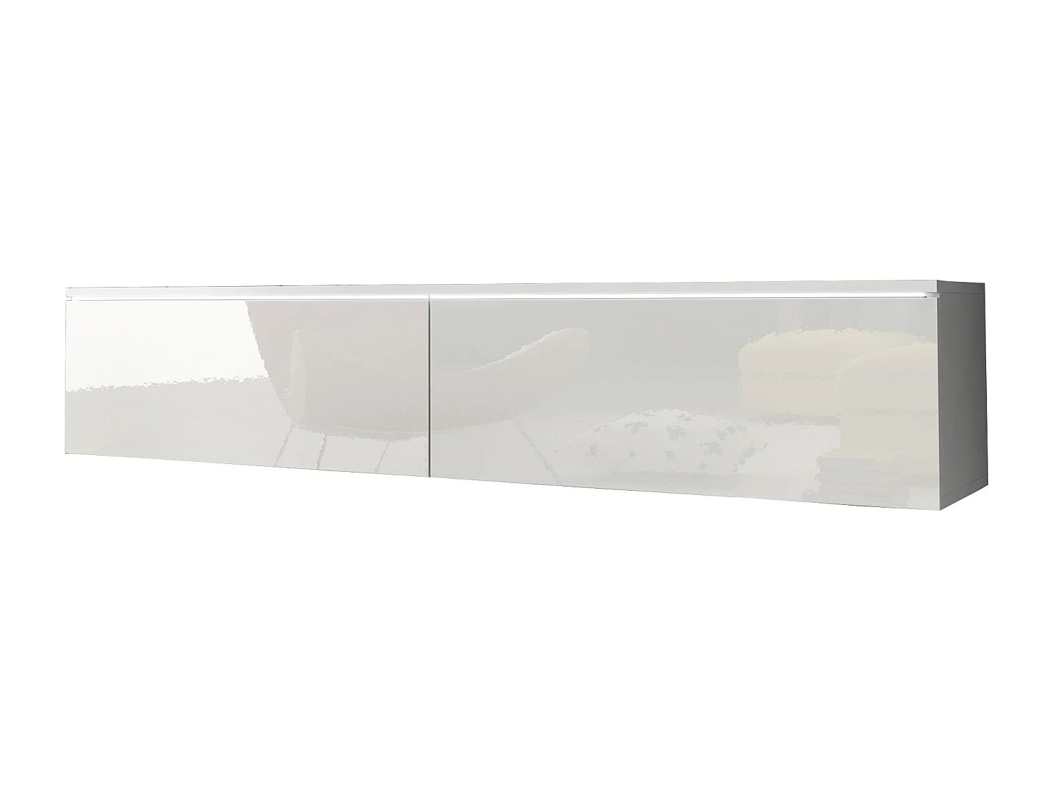 Mueble de TV moderno 140 cm con LED 2 puertas, sin tiradores, cuerpo blanco mate, frentes blanco brillo, de pie o suspendido