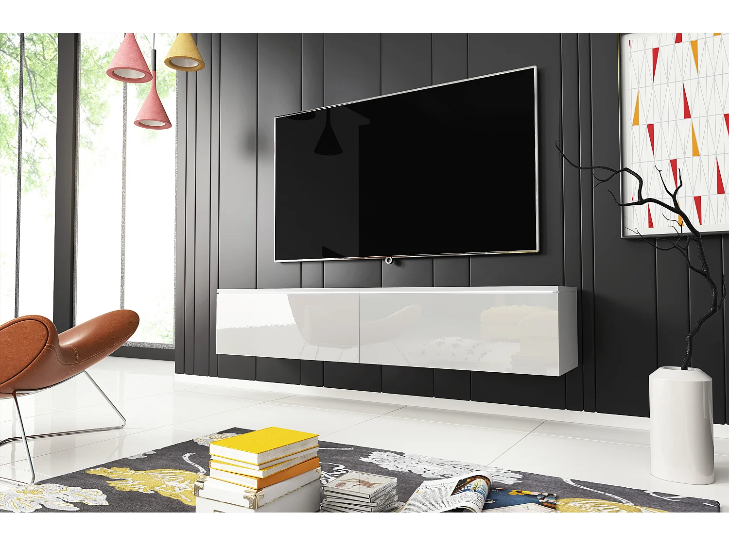 Mueble de TV moderno 140 cm con LED 2 puertas, sin tiradores, cuerpo blanco mate, frentes blanco brillo, de pie o suspendido