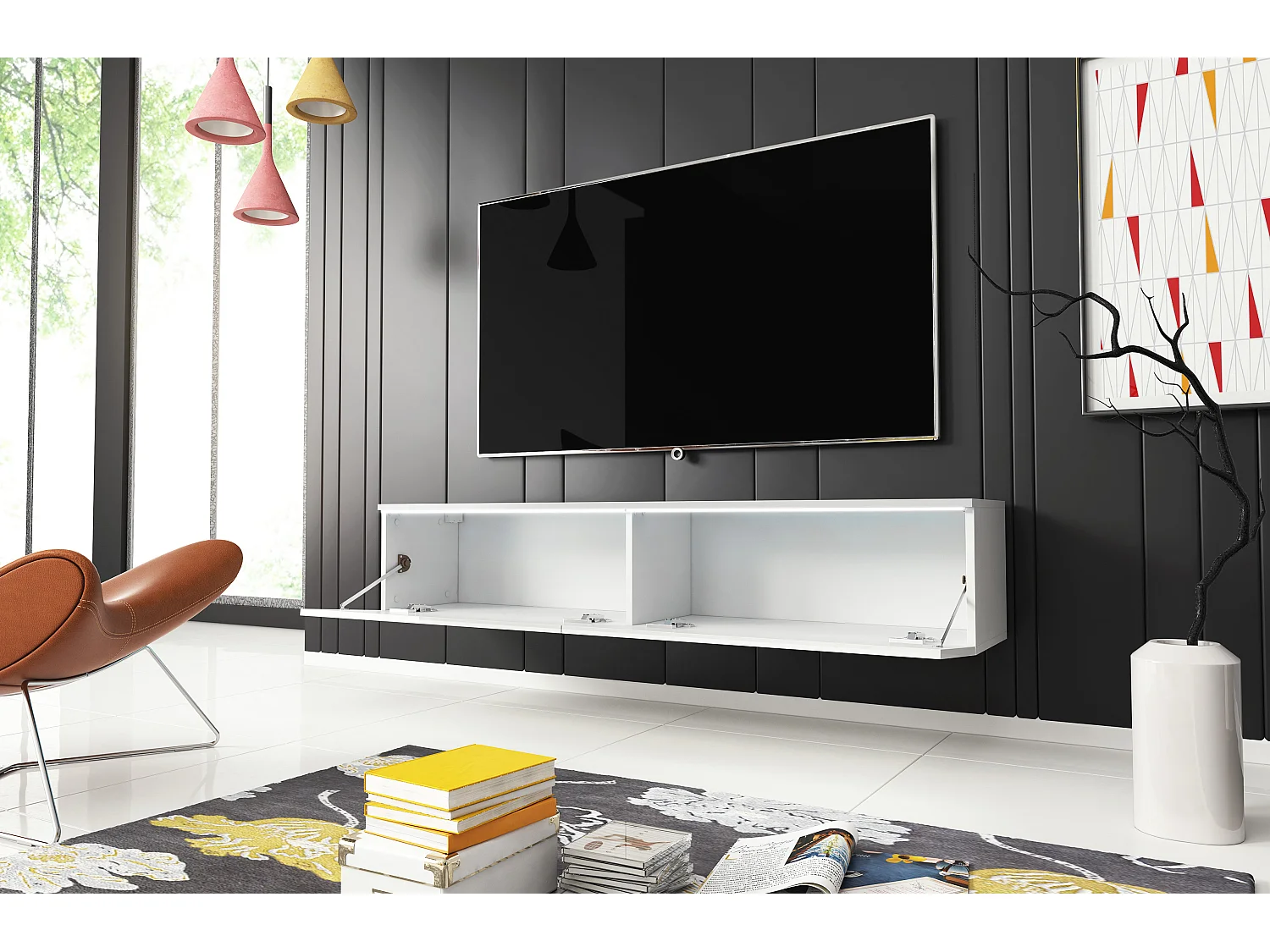 Mueble de TV moderno 140 cm con LED 2 puertas, sin tiradores, cuerpo blanco mate, frentes blanco brillo, de pie o suspendido