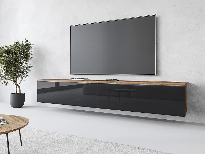 Nowoczesna szafka RTV 180 cm do salonu z LED – 2-drzwiowa, bezuchwytowa, korpus dąb wotan, fronty czarny połysk, stojąca lub wisząca