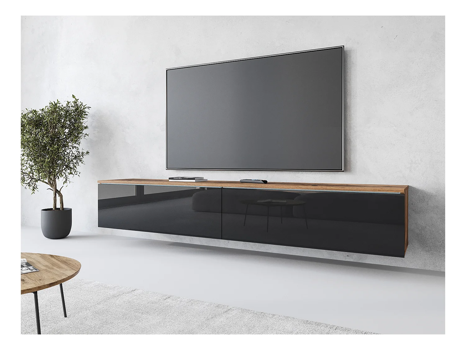 Meuble TV moderne 180 cm pour salon avec LED – 2 portes, sans poignées, caisson chêne wotan, façades noir brillant, à poser ou à suspendre