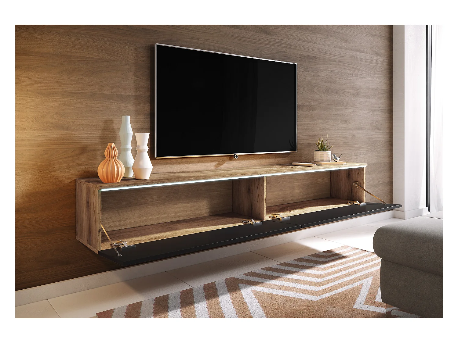 Meuble TV moderne 180 cm pour salon avec LED – 2 portes, sans poignées, caisson chêne wotan, façades noir brillant, à poser ou à suspendre