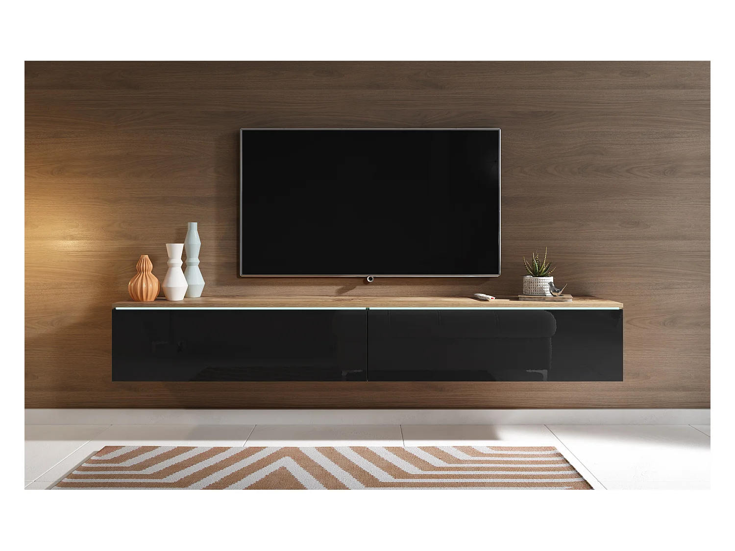 Meuble TV moderne 180 cm pour salon avec LED – 2 portes, sans poignées, caisson chêne wotan, façades noir brillant, à poser ou à suspendre