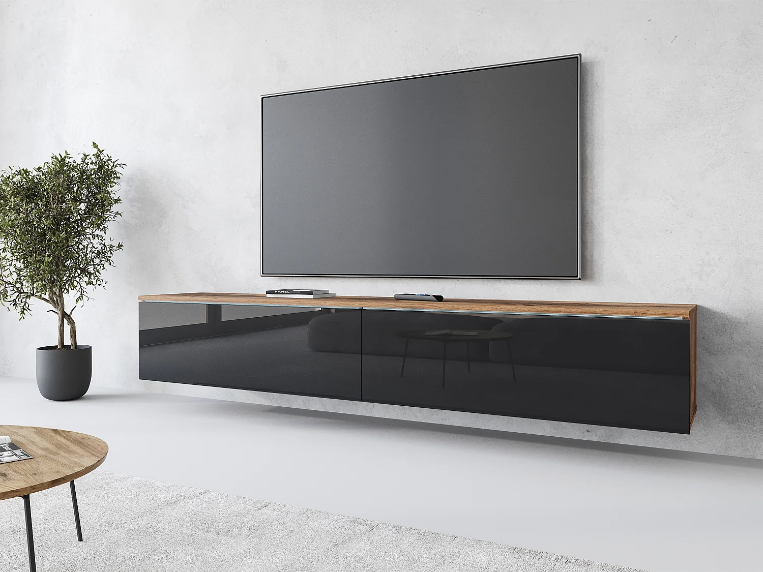 Nowoczesna szafka RTV 180 cm do salonu z LED – 2-drzwiowa, bezuchwytowa, korpus dąb wotan, fronty czarny połysk, stojąca lub wisząca