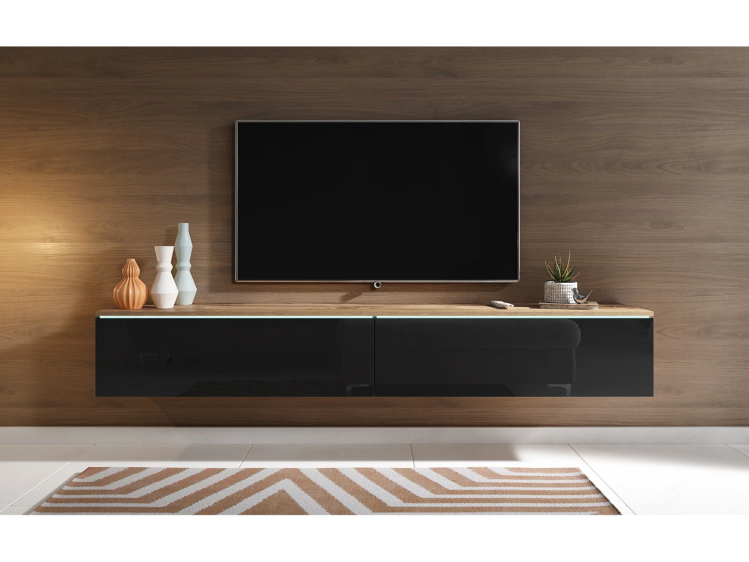 Nowoczesna szafka RTV 180 cm do salonu z LED – 2-drzwiowa, bezuchwytowa, korpus dąb wotan, fronty czarny połysk, stojąca lub wisząca