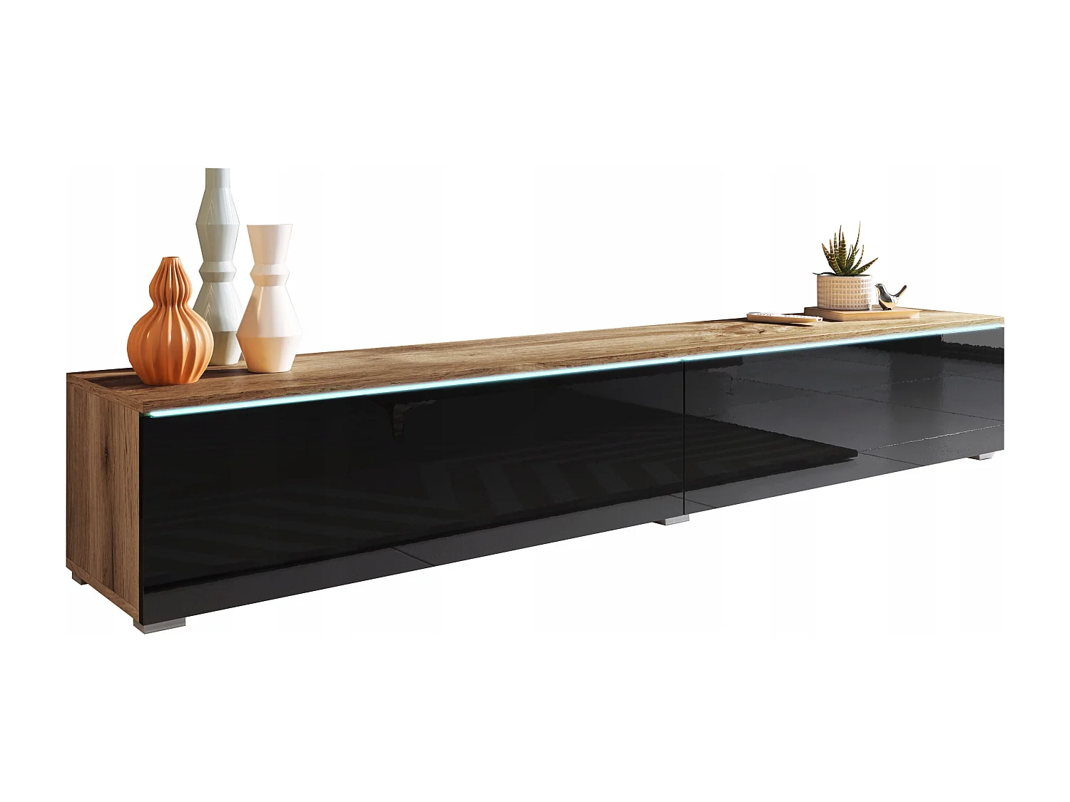 Moderner 180 cm TV-Ständer mit LED-Lichtern, mattes Gehäuse, glänzende Fronten, hängend oder stehend