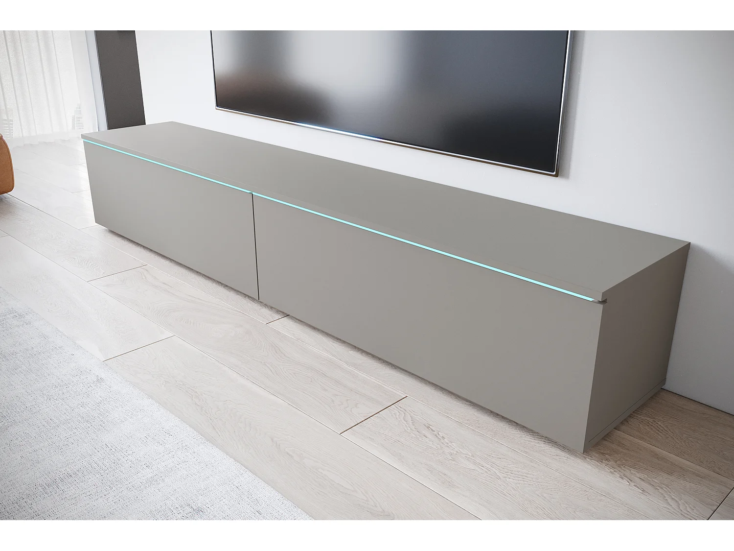 Móvel de TV moderno 180 cm para sala com LED – 2 portas, sem puxadores, cinza paládio fosco, de chão ou suspenso