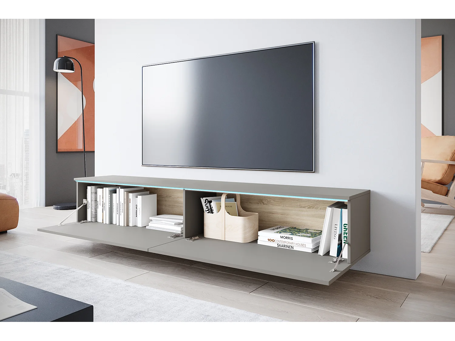 Modern TV-bänk på 180 cm med LED-belysning, matt finish, 2 dörrar, väggmonterbar eller fristående