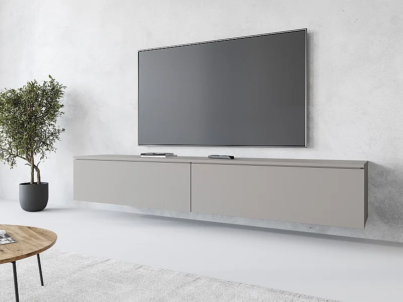 Meuble TV moderne 180 cm pour salon avec LED – 2 portes, sans poignées, gris palladium mat, à poser ou à suspendre