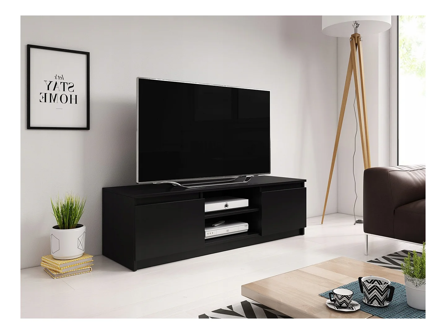 Meuble TV simple 120 cm avec LED, pour téléviseur, 2 placards et étagères, noir mat