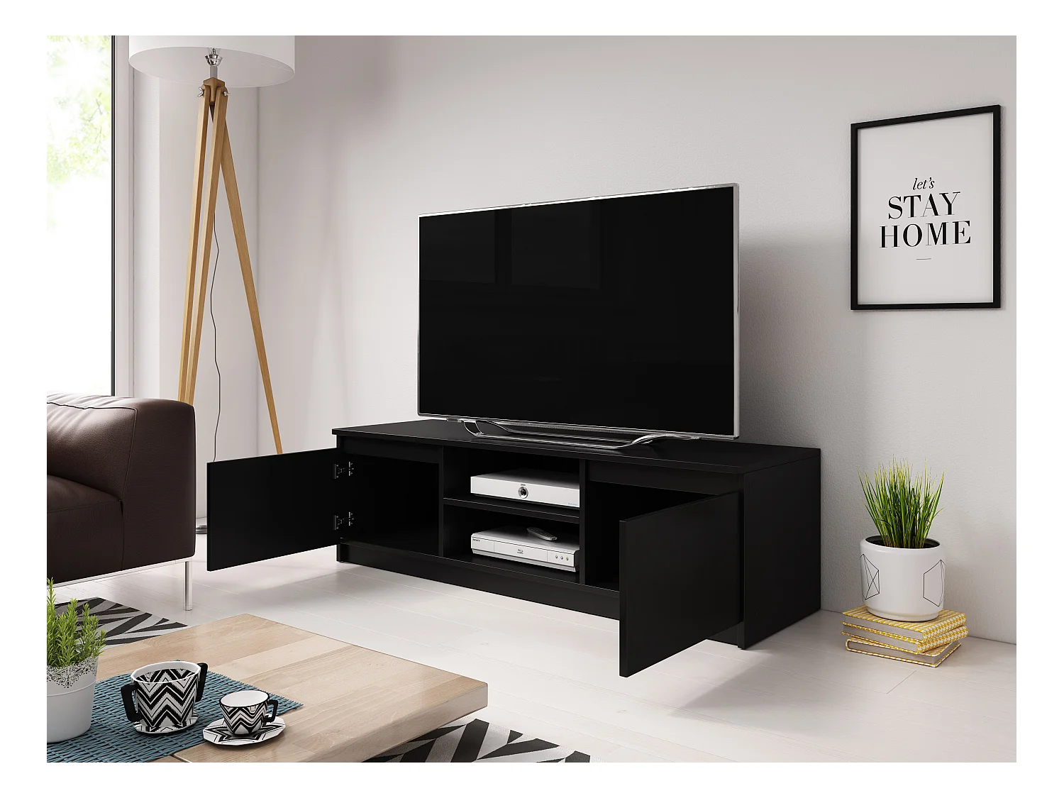 Meuble TV simple 120 cm avec LED, pour téléviseur, 2 placards et étagères, noir mat