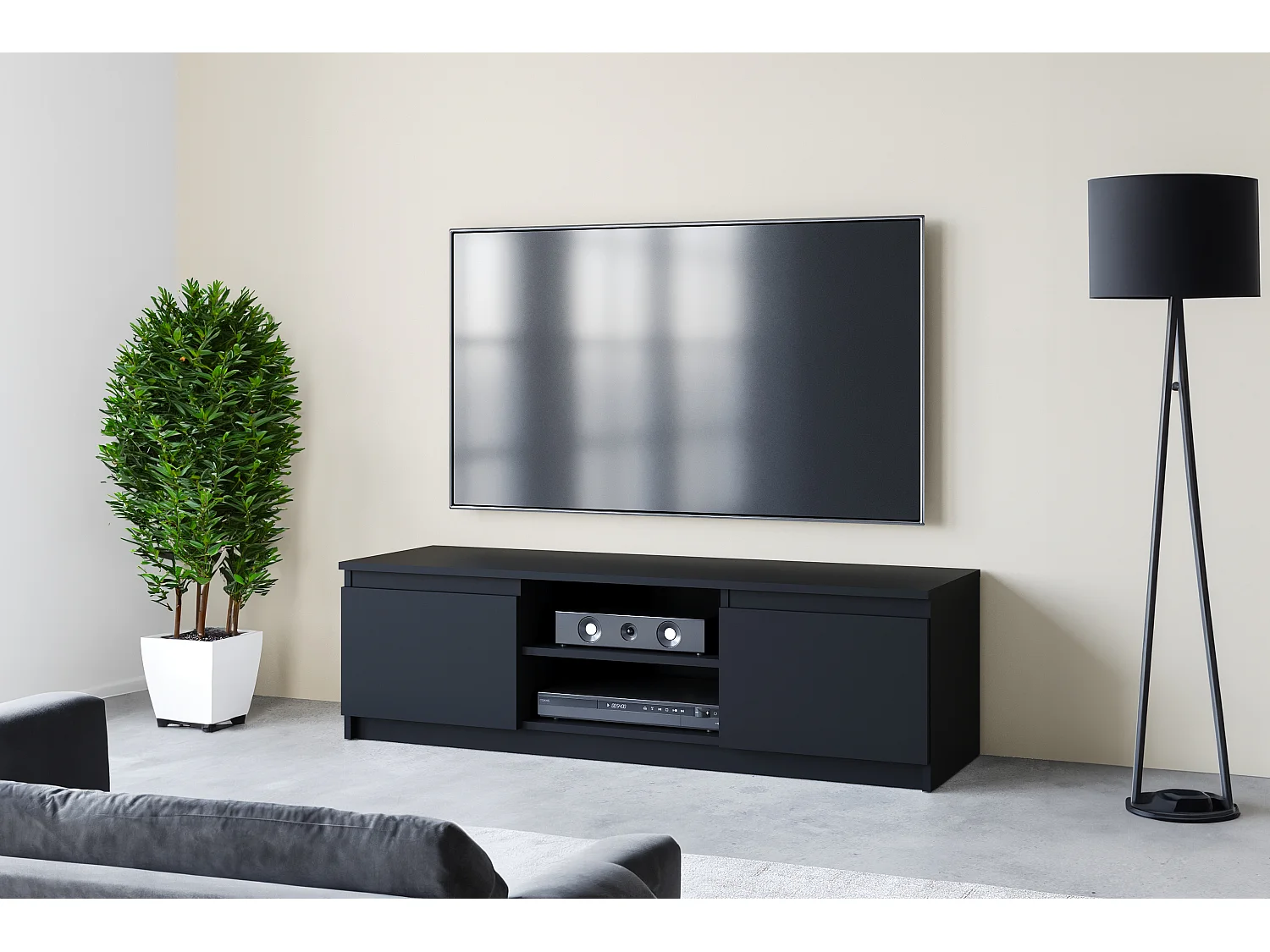 Mobile TV semplice 120 cm con LED, per televisore, 2 ante e ripiani, nero opaco