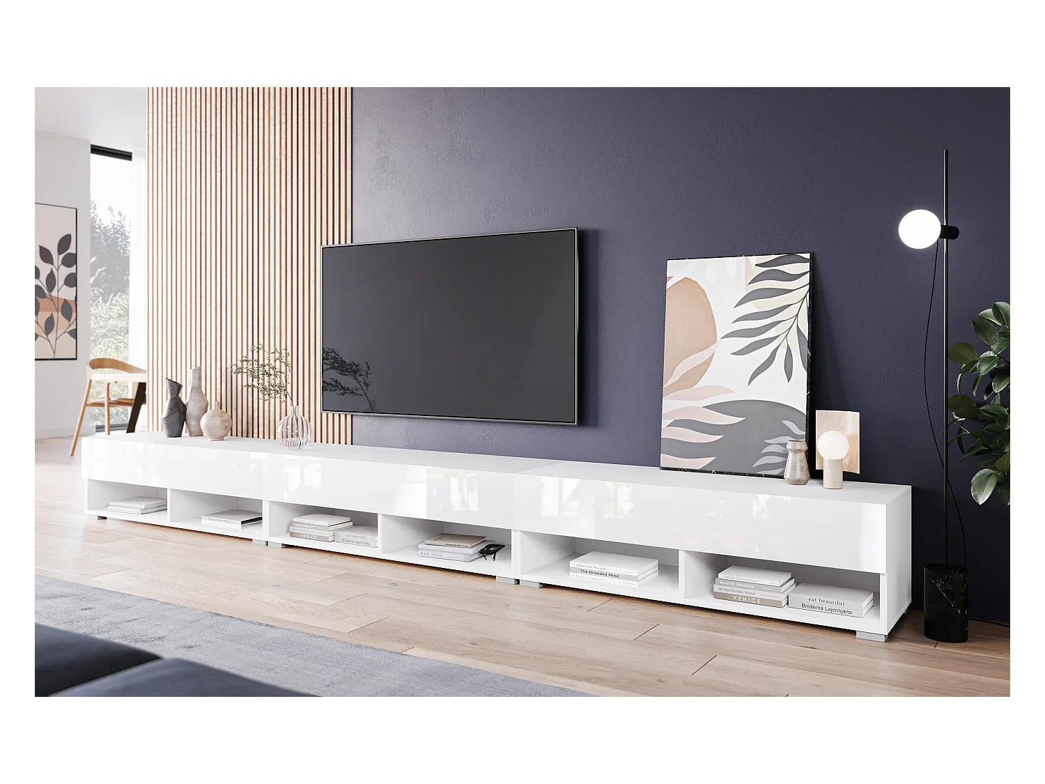 Meuble TV moderne 300 cm avec LED – sans poignées, corps blanc mat, façades blanc brillant Polygloss, posé au sol ou suspendu