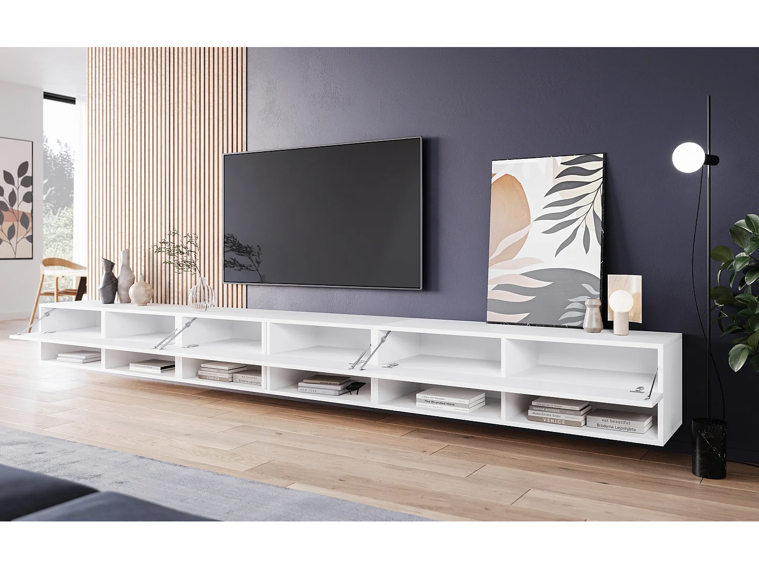 Meuble TV moderne 300 cm avec LED – sans poignées, corps blanc mat, façades blanc brillant Polygloss, posé au sol ou suspendu