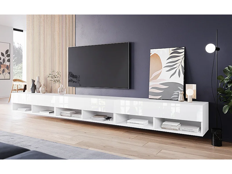 Meuble TV moderne 300 cm avec LED – sans poignées, corps blanc mat, façades blanc brillant Polygloss, posé au sol ou suspendu
