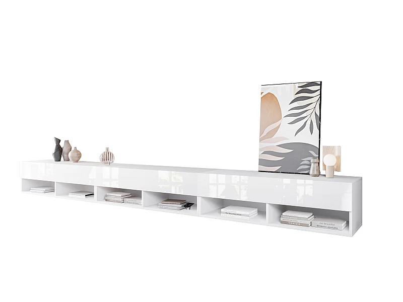 Meuble TV moderne 300 cm avec LED – sans poignées, corps blanc mat, façades blanc brillant Polygloss, posé au sol ou suspendu