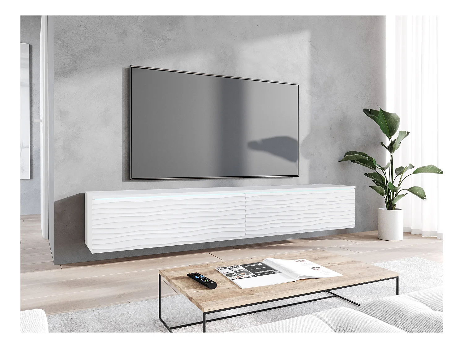 Meuble TV moderne 180 cm avec LED pour salon – 2 portes, sans poignées, blanc mat, à poser ou suspendu, façades MDF ondulation