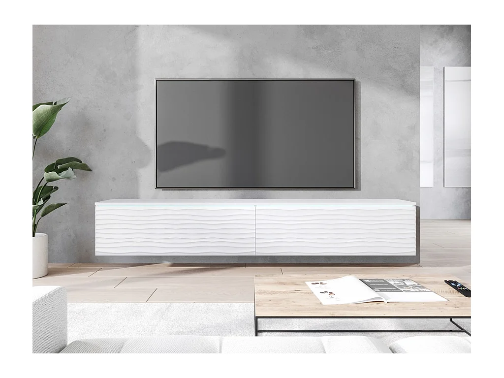 Meuble TV moderne 180 cm avec LED pour salon – 2 portes, sans poignées, blanc mat, à poser ou suspendu, façades MDF ondulation