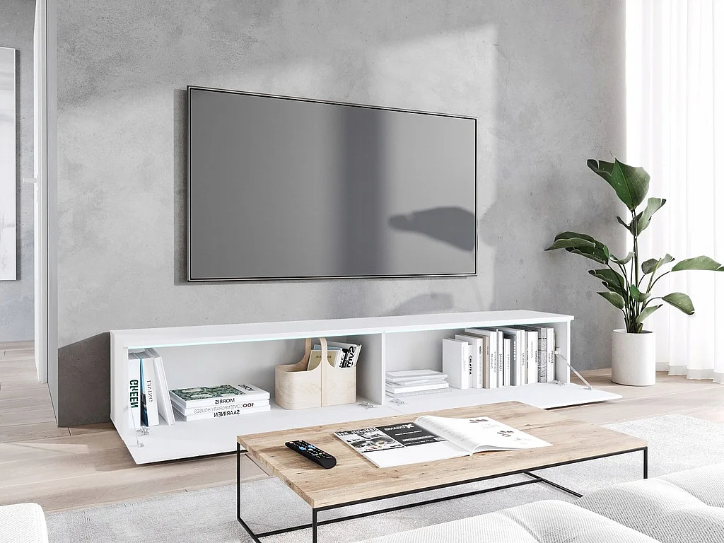 Mueble de TV moderno 180 cm con LED para salón – 2 puertas, sin tiradores, blanco mate, de pie o suspendido, frentes MDF onda