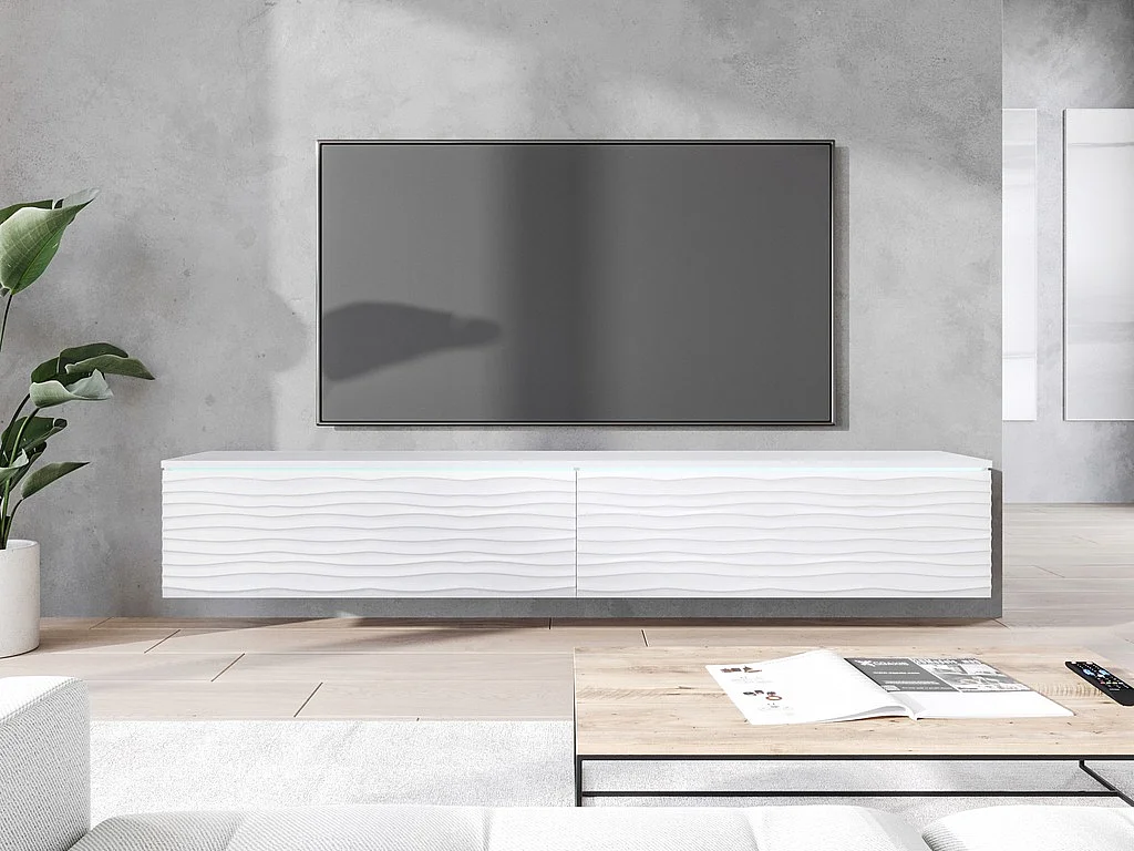 Mueble de TV moderno 180 cm con LED para salón – 2 puertas, sin tiradores, blanco mate, de pie o suspendido, frentes MDF onda