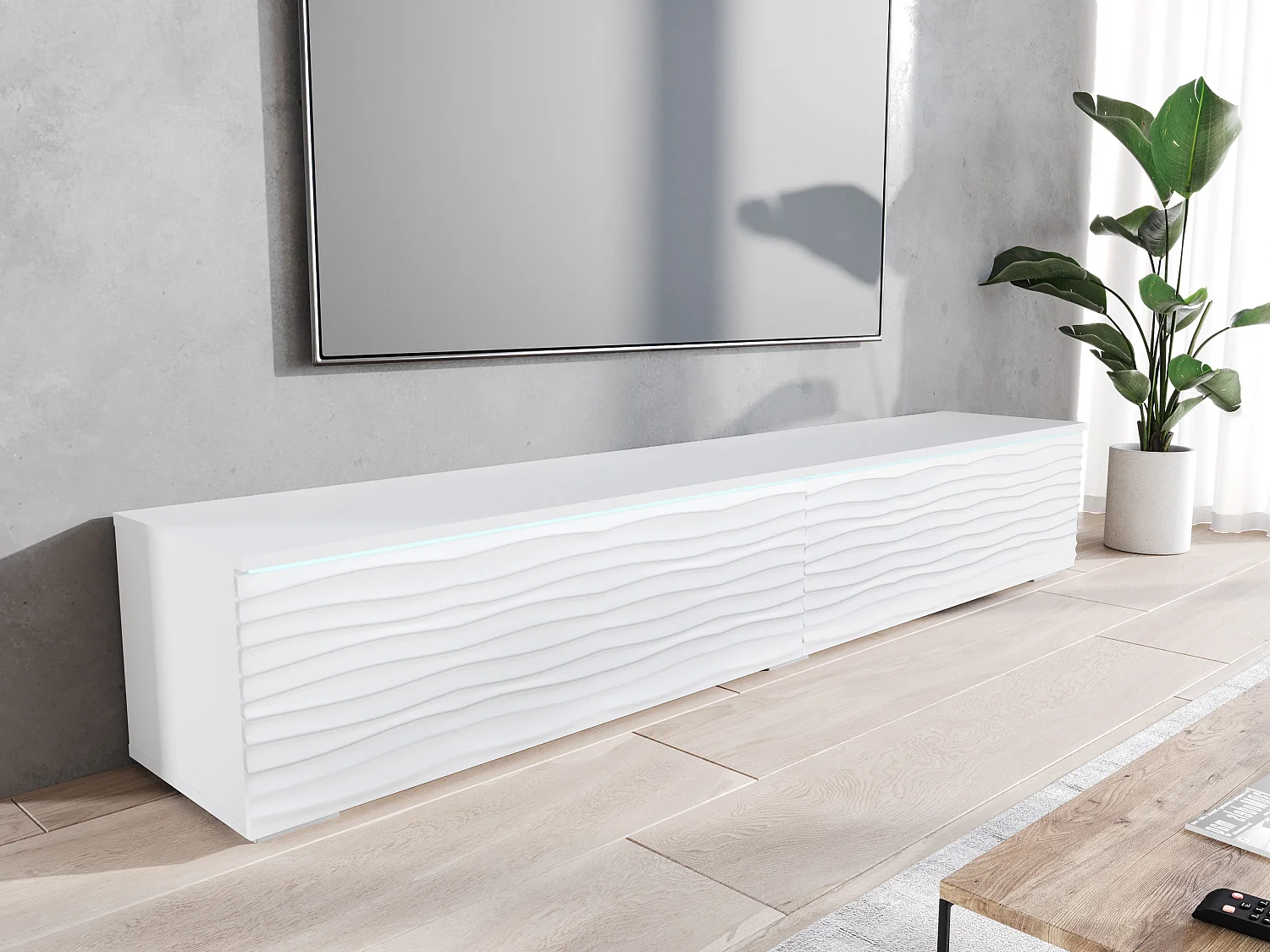 Mobile TV moderno 180 cm con LED per soggiorno – 2 ante, senza maniglie, bianco opaco, da terra o sospeso, frontali in MDF ondulati