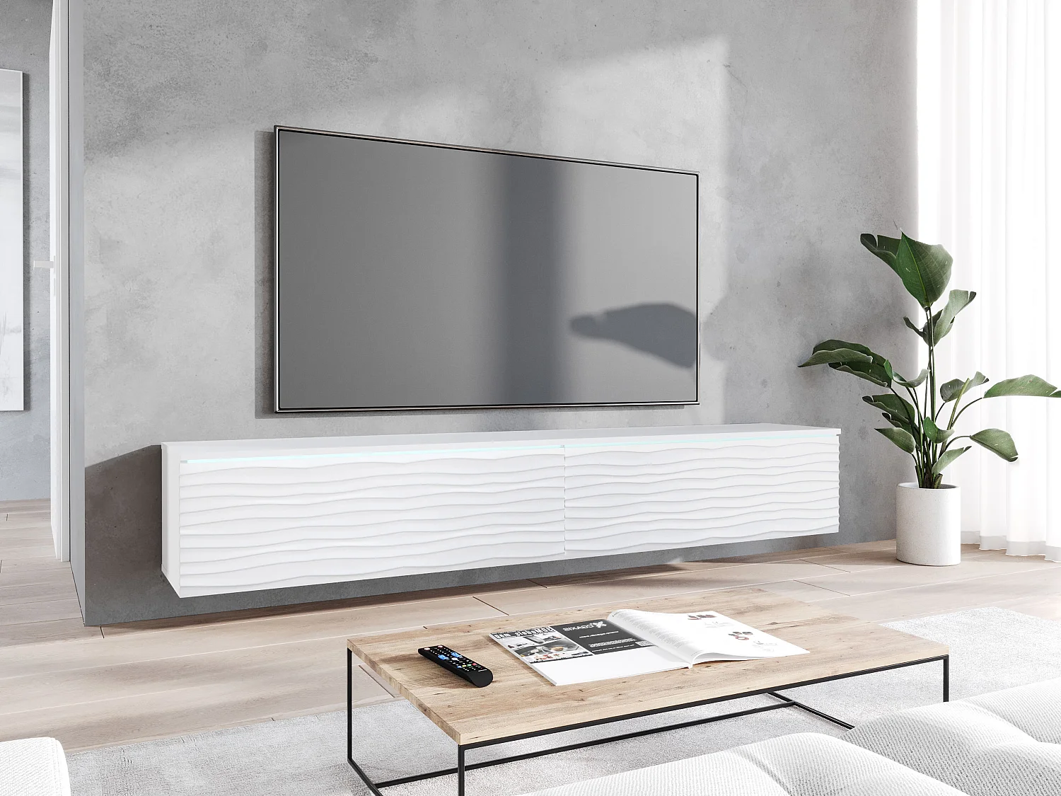 Mobile TV moderno 180 cm con LED per soggiorno – 2 ante, senza maniglie, bianco opaco, da terra o sospeso, frontali in MDF ondulati