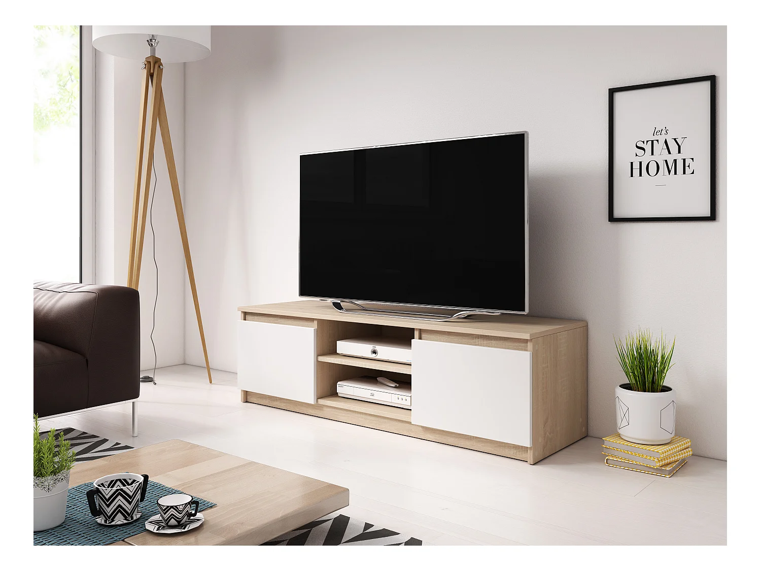 Mueble de TV simple 120 cm con LED, para televisor, 2 armarios y estantes, estructura roble sonoma, frentes blanco mate
