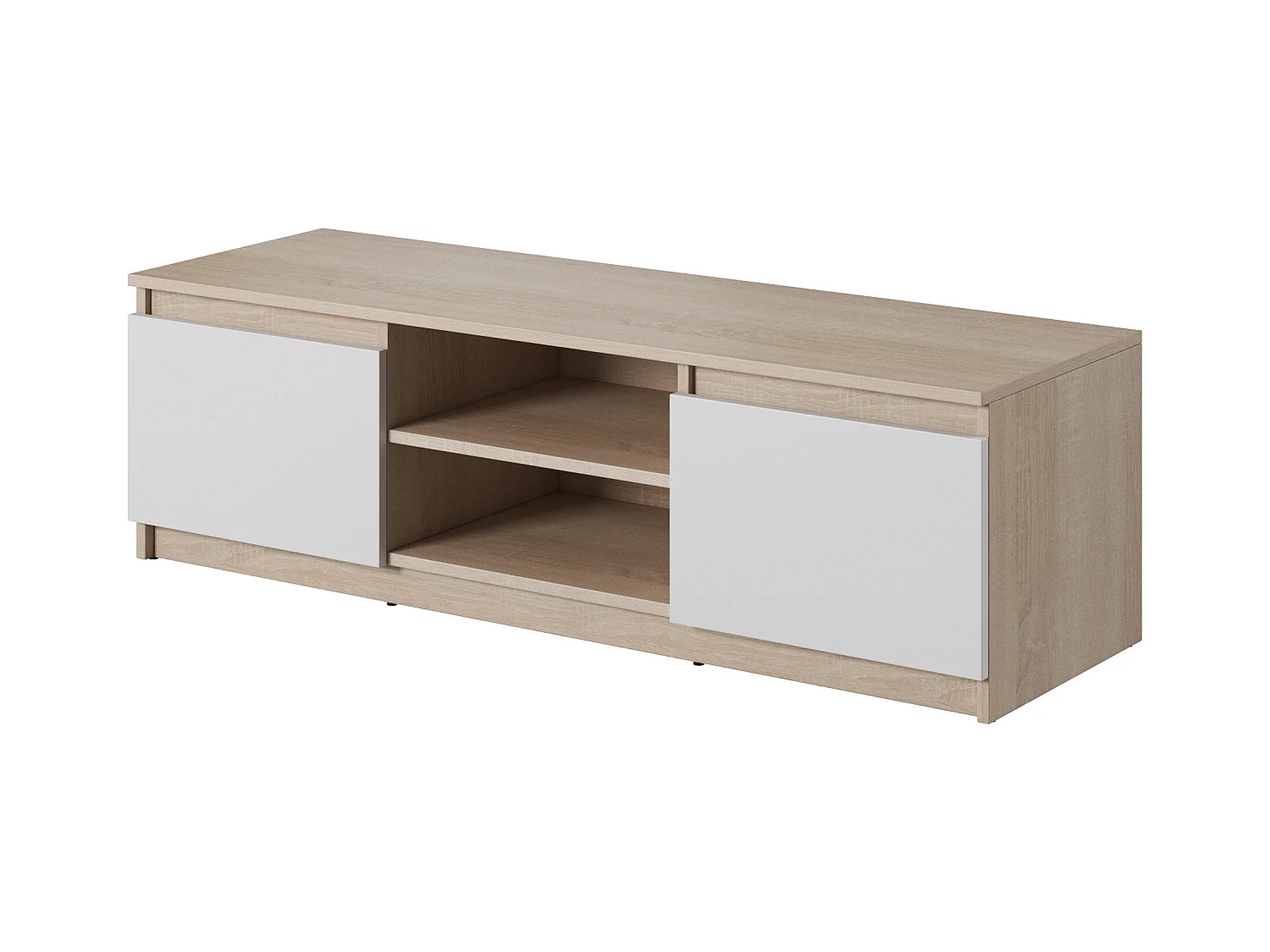 Mueble de TV simple 120 cm con LED, para televisor, 2 armarios y estantes, estructura roble sonoma, frentes blanco mate
