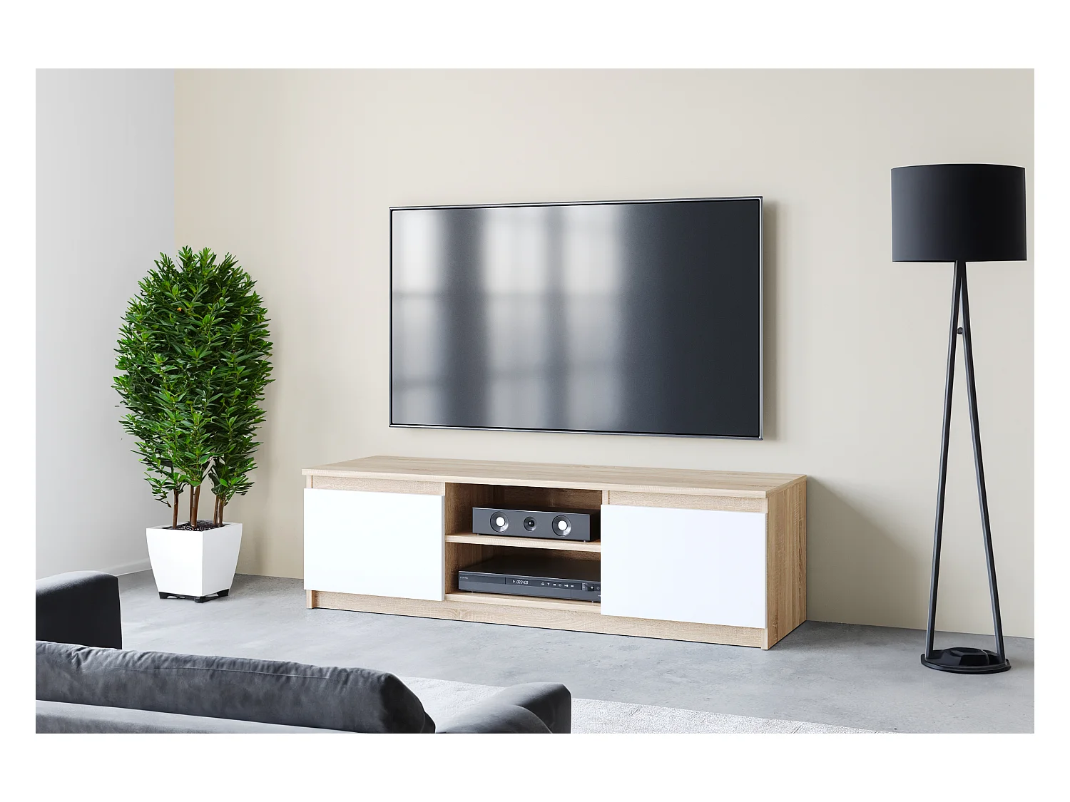 Prosta szafka RTV 120 cm z LED, pod telewizor, 2 szafki i półki, korpus sonoma, fronty biały mat