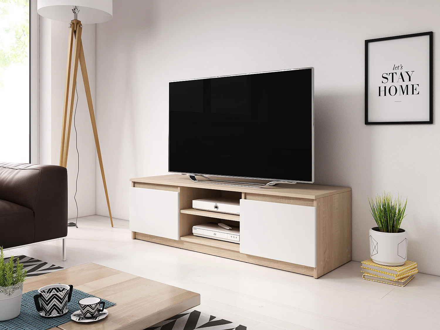 Modernes Lowboard TV-Ständer 120 cm mit LED, Eiche Sonoma-Finish, matte weiße Fronten, 2 Schränke, Regale