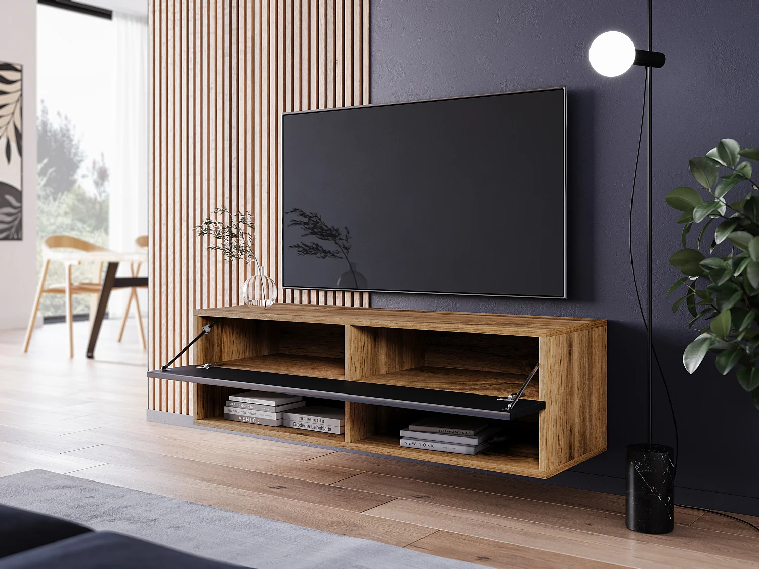 Meuble TV moderne 100 cm avec LED – sans poignées, corps chêne wotan, façades noir brillant, au sol ou suspendu