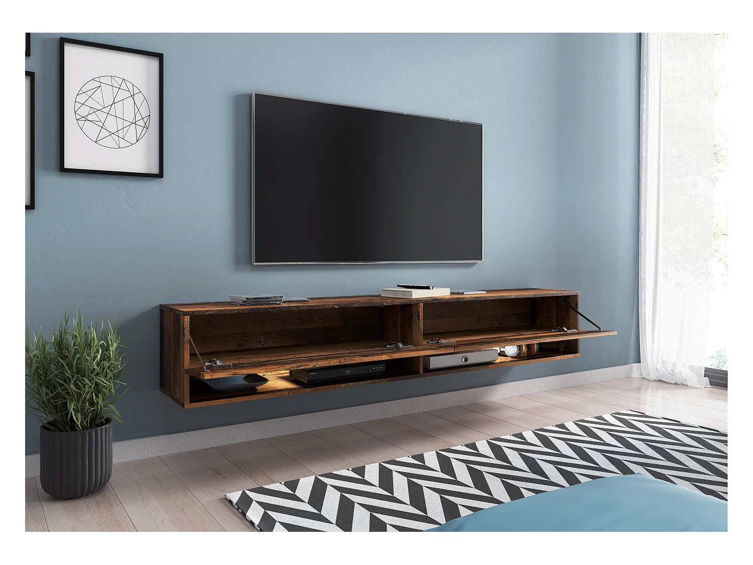 Meuble TV moderne 180 cm avec LED sans poignées – old style mat suspendu ou posé