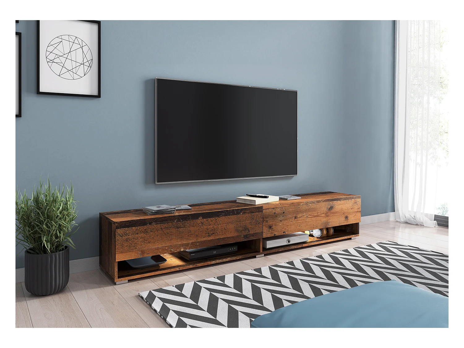Meuble TV moderne 180 cm avec LED sans poignées – old style mat suspendu ou posé