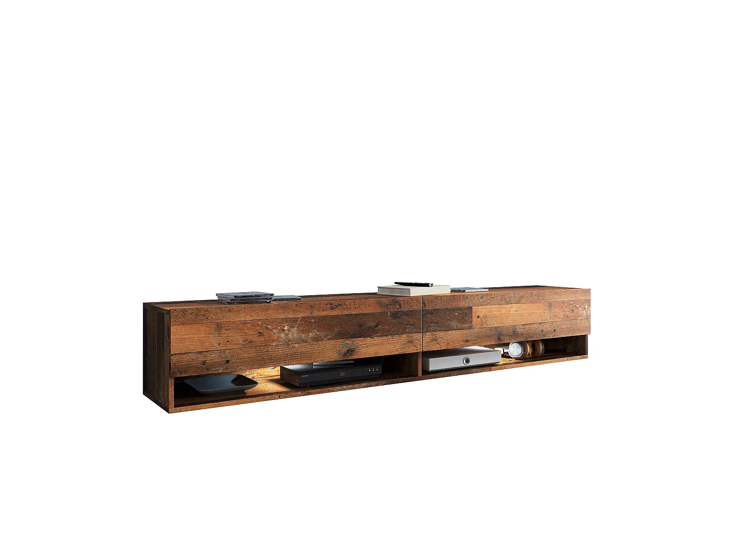 Moderne 180 cm TV-stander med LED-belysning, mat finish, hængende eller stående, 1 klap, 2 nicher