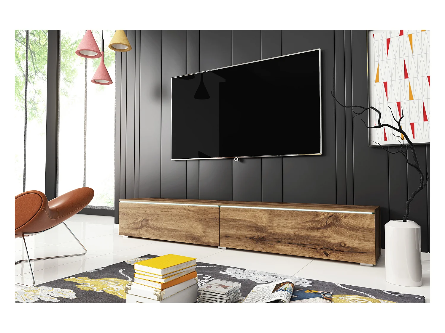 Mobile TV moderno 180 cm per soggiorno con LED – 2 ante, senza maniglie, rovere wotan, da terra o sospeso