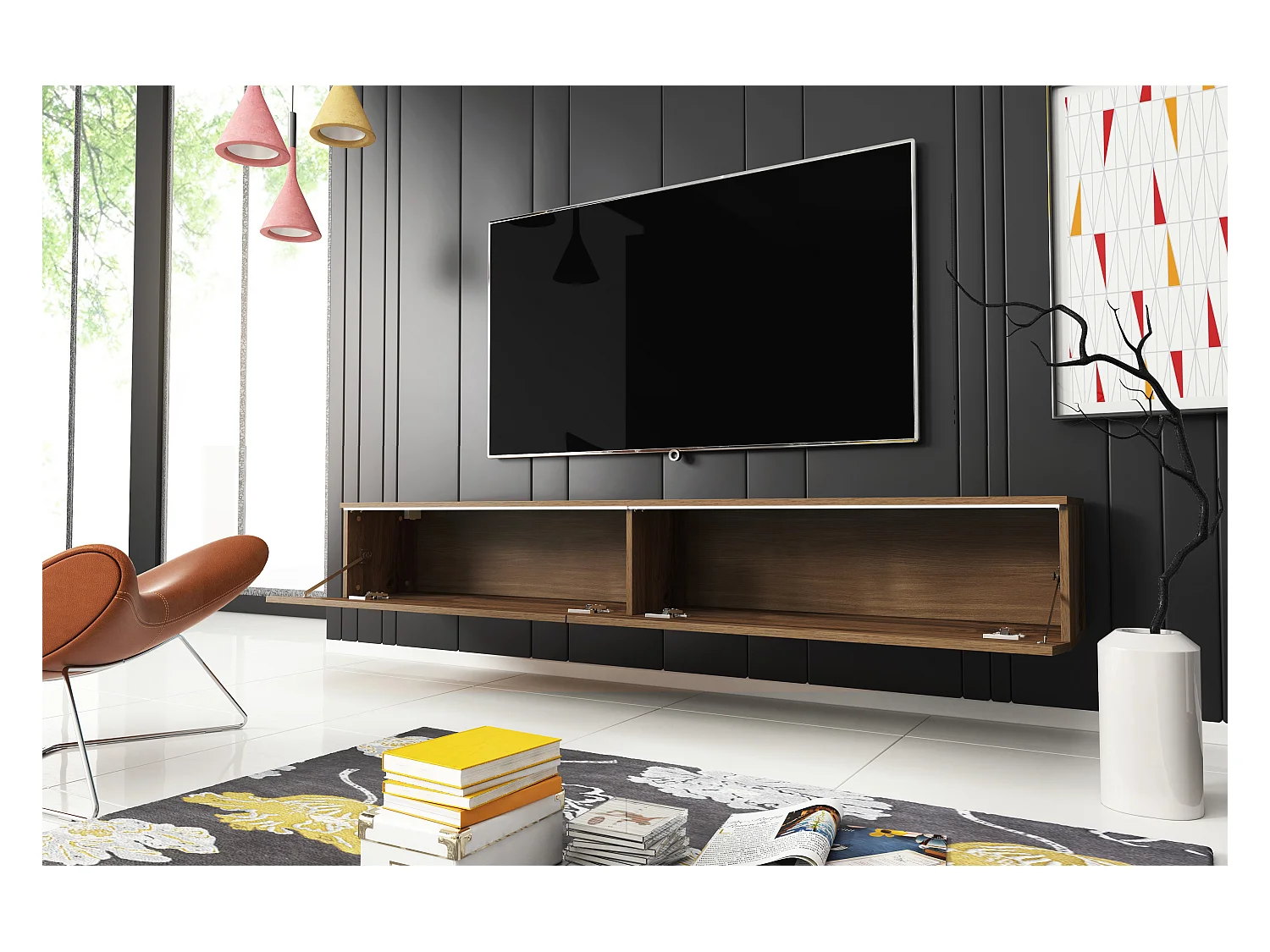 Nowoczesna szafka RTV 180 cm do salonu z LED – 2-drzwiowa, bezuchwytowa, dąb wotan, stojąca lub wisząca