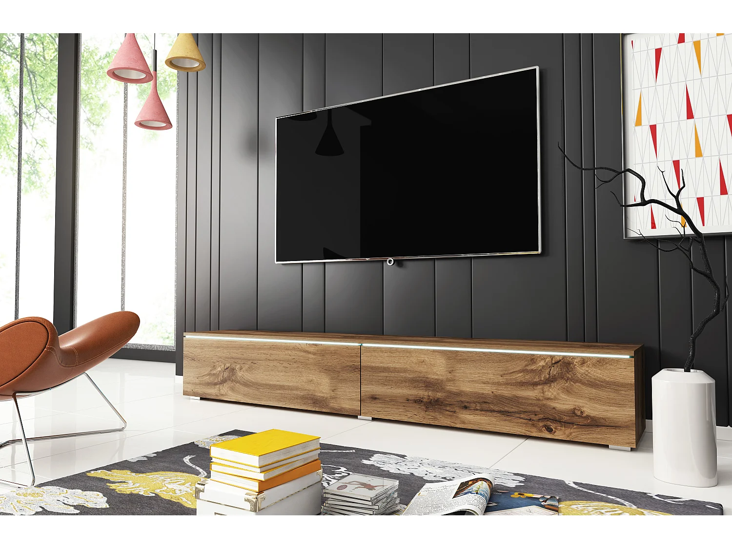 Meuble TV moderne 180 cm pour salon avec LED – 2 portes, sans poignées, chêne wotan, à poser ou à suspendre