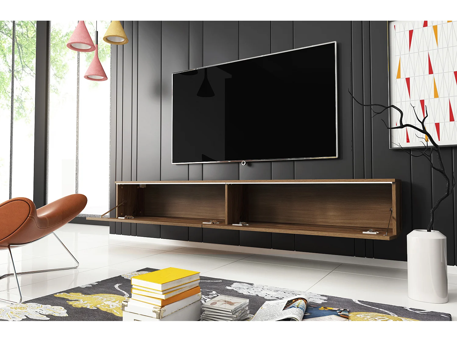 Meuble TV moderne 180 cm pour salon avec LED – 2 portes, sans poignées, chêne wotan, à poser ou à suspendre