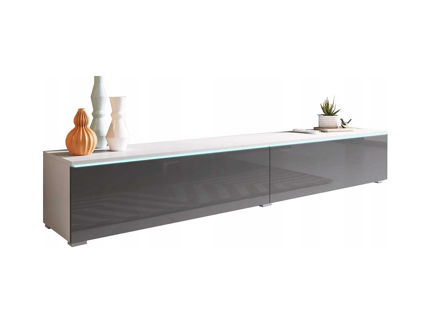 Meuble TV moderne 180 cm pour salon avec LED – 2 portes, sans poignées, caisson blanc mat, façades gris brillant, à poser ou à suspendre