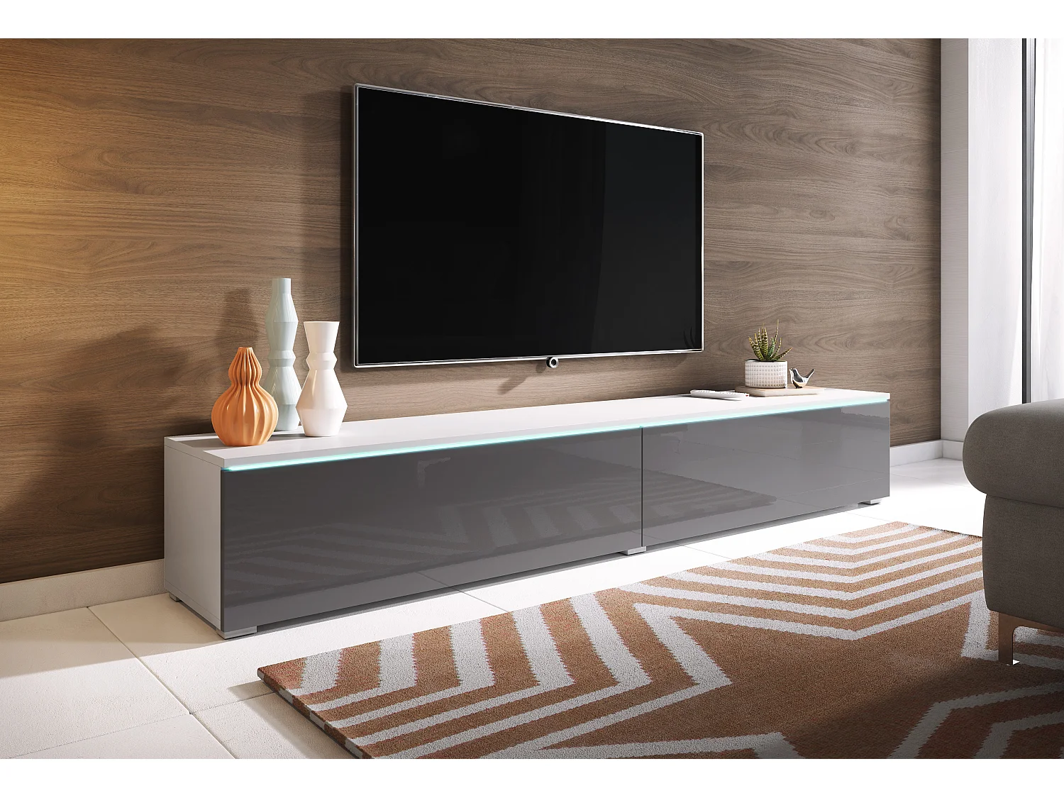Mueble de TV moderno 180 cm para salón con LED – 2 puertas, sin tiradores, cuerpo blanco mate, frentes gris brillo, de pie o suspendido