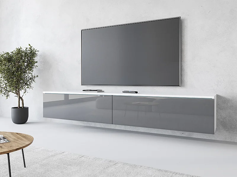 Meuble TV moderne 180 cm pour salon avec LED – 2 portes, sans poignées, caisson blanc mat, façades gris brillant, à poser ou à suspendre