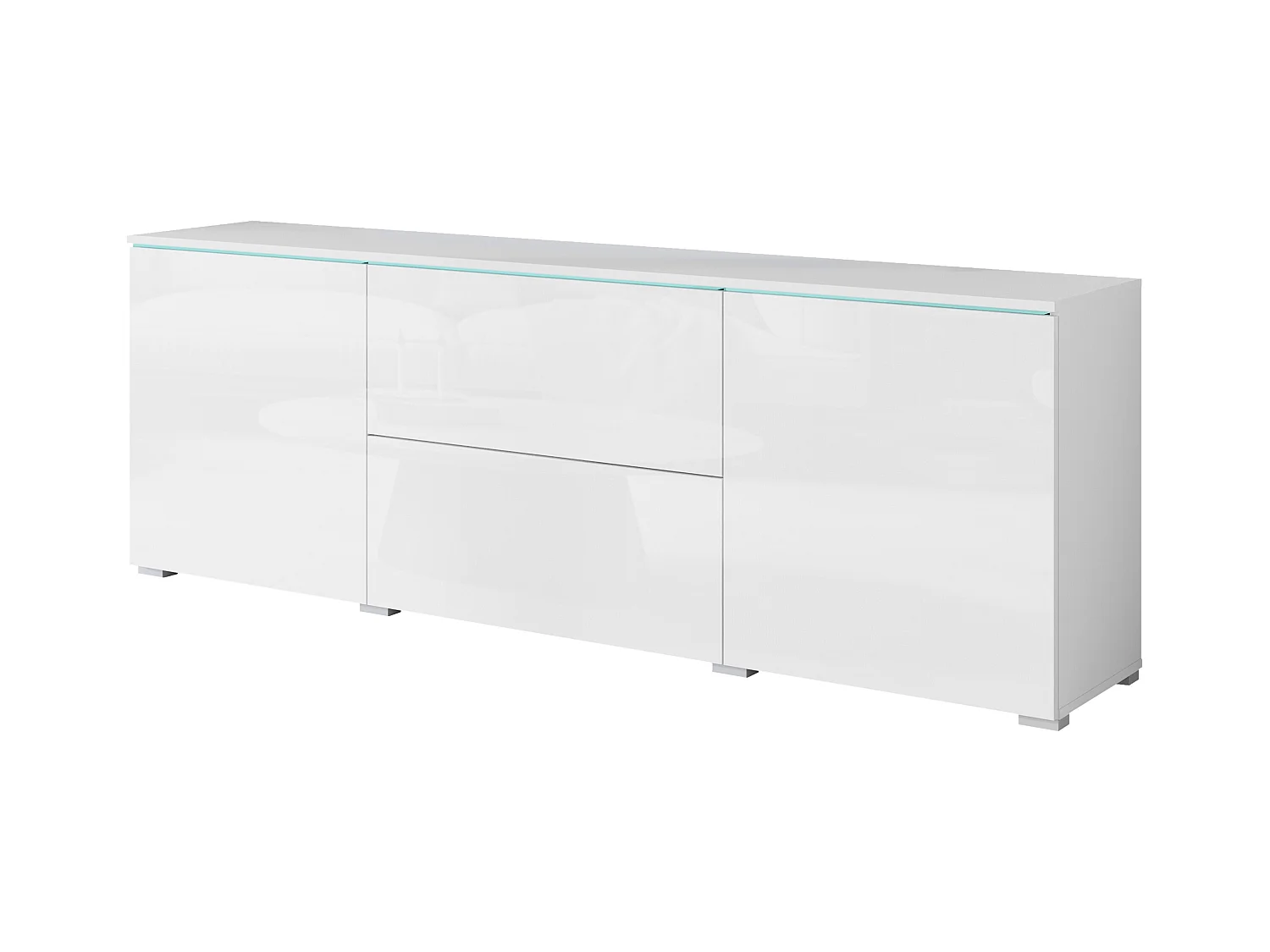 Meuble bas TV moderne 180 cm avec LED – meuble haut pour télévision avec tiroirs et étagères, caisson blanc mat, façades blanc brillant