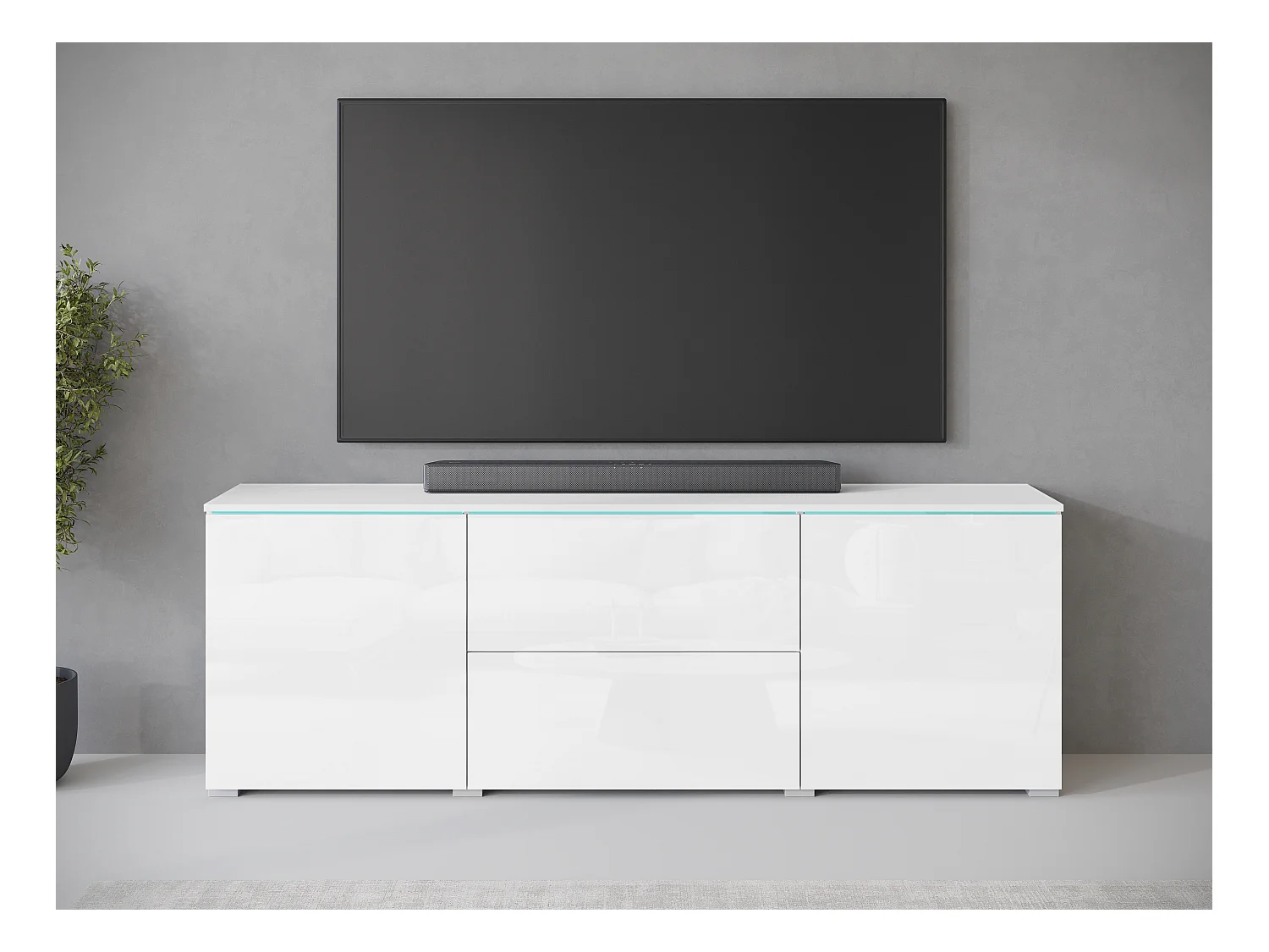 Meuble bas TV moderne 180 cm avec LED – meuble haut pour télévision avec tiroirs et étagères, caisson blanc mat, façades blanc brillant