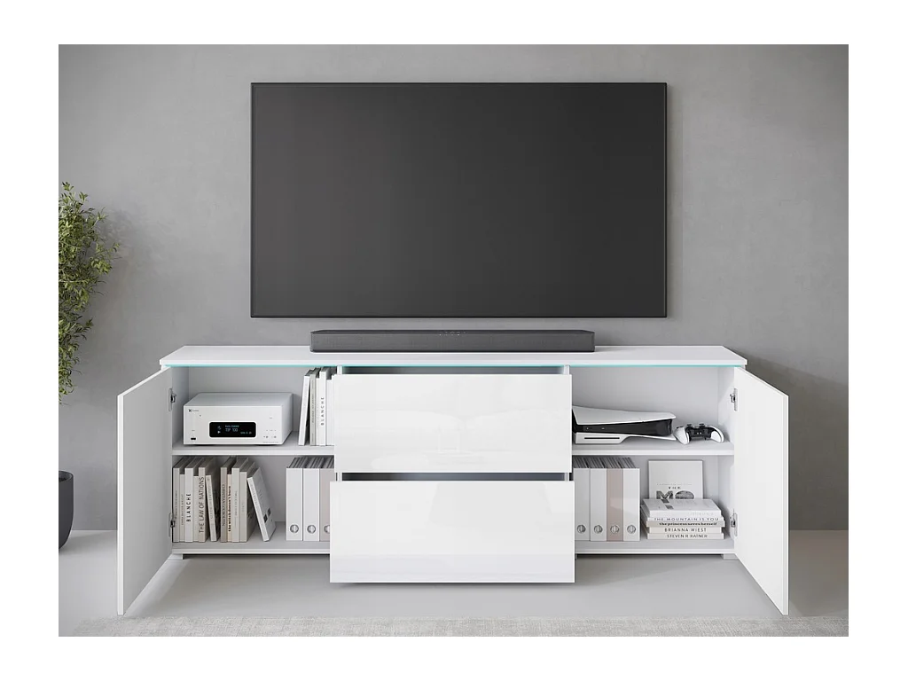 Meuble bas TV moderne 180 cm avec LED – meuble haut pour télévision avec tiroirs et étagères, caisson blanc mat, façades blanc brillant