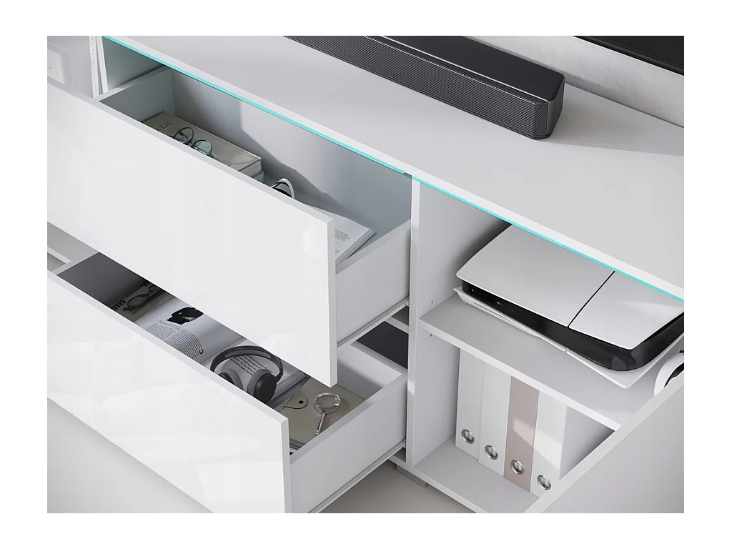 Meuble bas TV moderne 180 cm avec LED – meuble haut pour télévision avec tiroirs et étagères, caisson blanc mat, façades blanc brillant