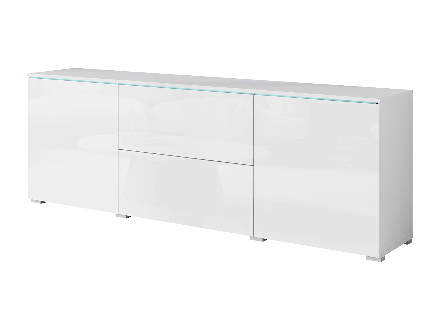 Modernes 180 cm TV-Stand mit LED, Weiß Mattes Gehäuse, Glänzende Fronten, Schubladen, Verstellbare Regale