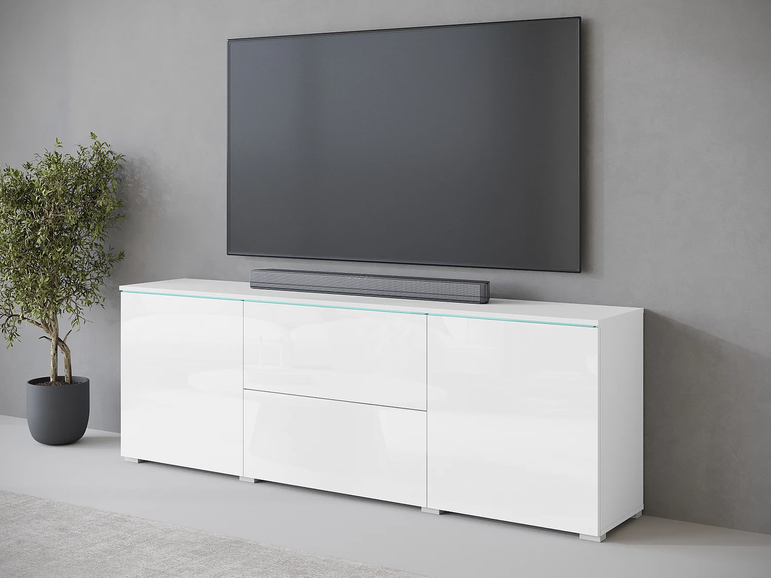 Modernes 180 cm TV-Stand mit LED, Weiß Mattes Gehäuse, Glänzende Fronten, Schubladen, Verstellbare Regale