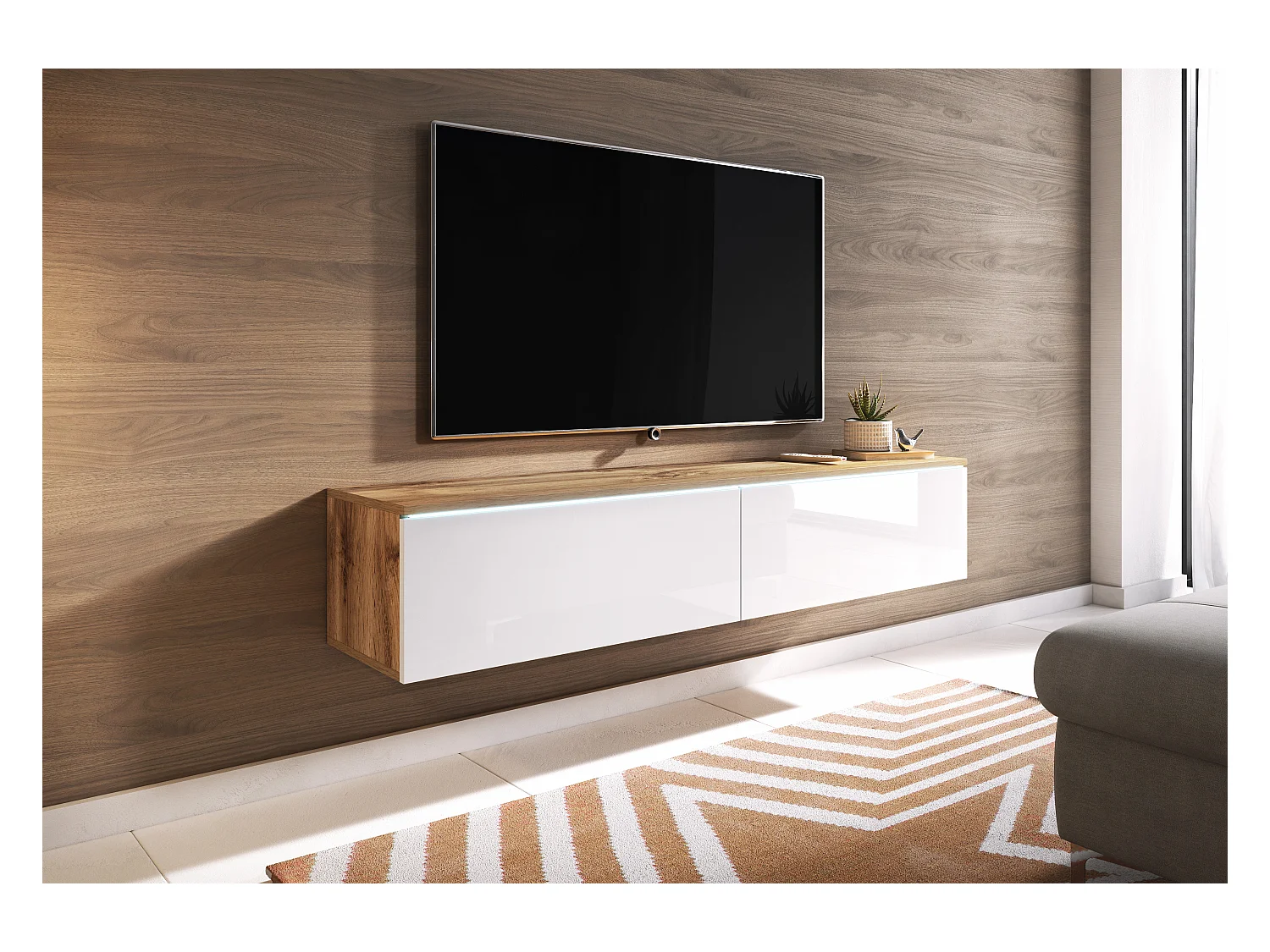 Meuble TV moderne 140 cm avec LED 2 portes, sans poignées, caisson chêne wotan, façades blanc brillant, posé ou suspendu