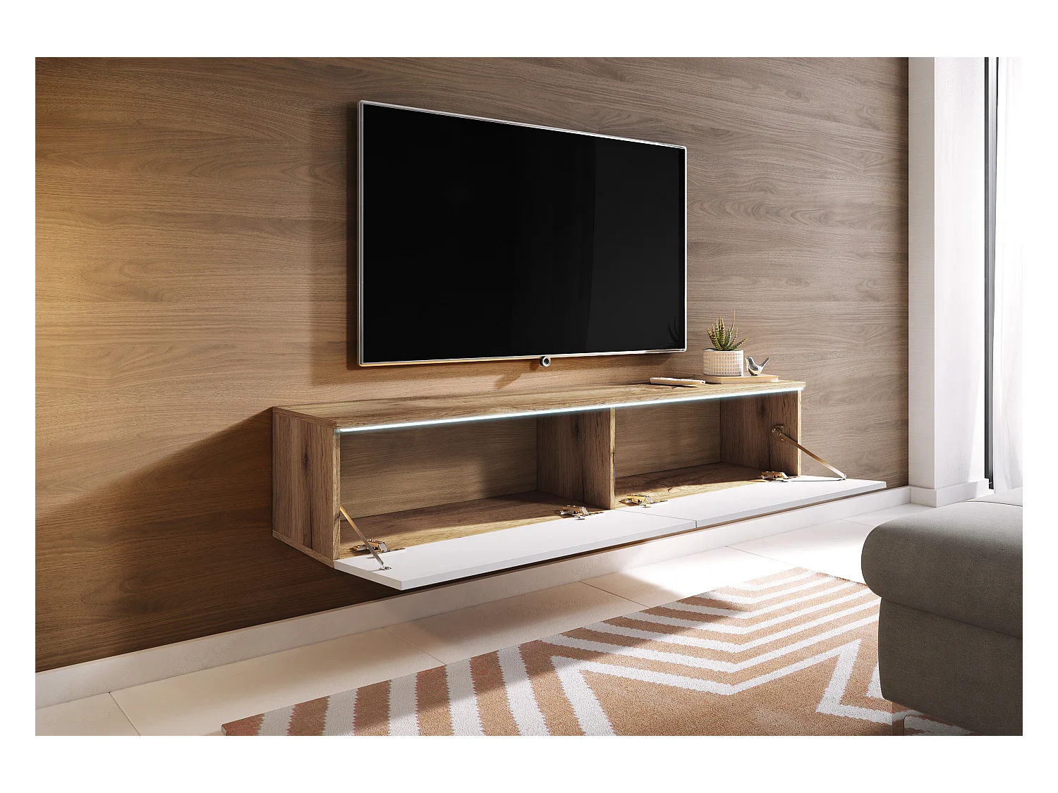 Meuble TV moderne 140 cm avec LED 2 portes, sans poignées, caisson chêne wotan, façades blanc brillant, posé ou suspendu