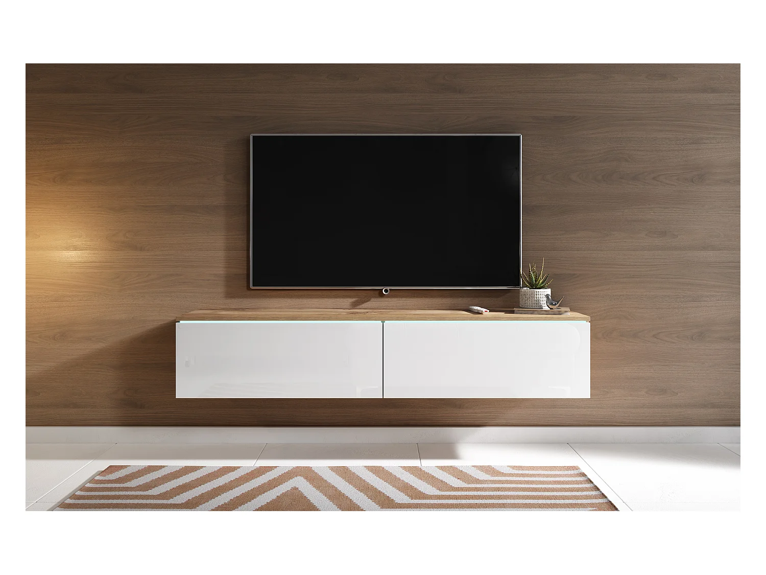 Meuble TV moderne 140 cm avec LED 2 portes, sans poignées, caisson chêne wotan, façades blanc brillant, posé ou suspendu